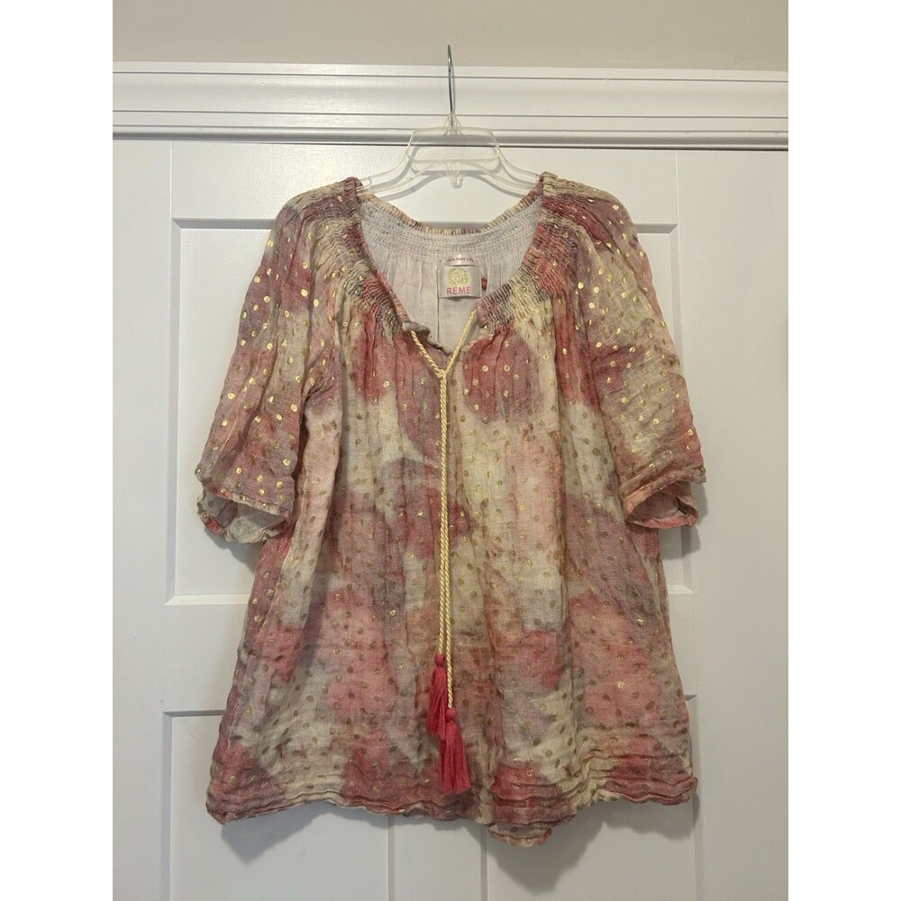 Reme Women’s Size 3X Blouse Linen Boho Short Puff Sleeve Layered Lightweight